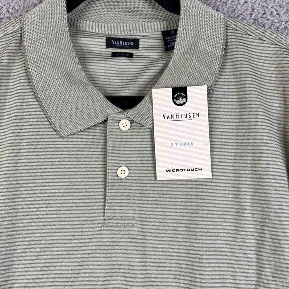 Van Heusen Studio Polo Shirt Mens Extra Large Green Striped Knit Short Sleeve - Picture 2 of 8